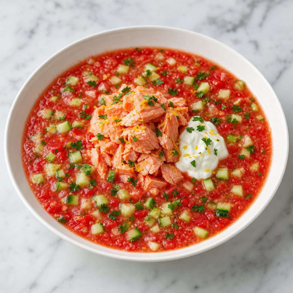 Chilled Gazpacho with Citrus-Poached Salmon